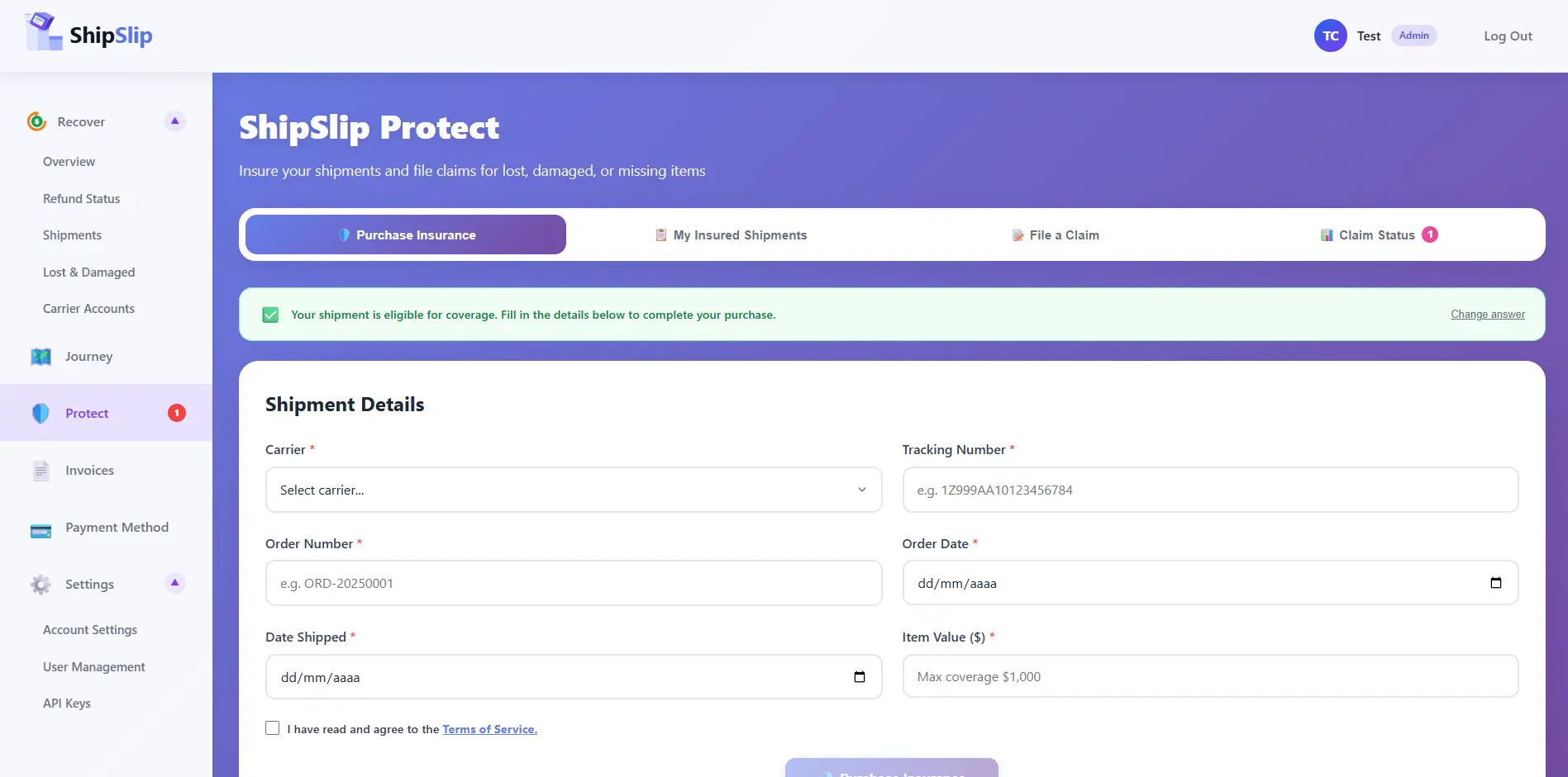 Policies and claims created via the API appear here, where your team can review claims and attach evidence.