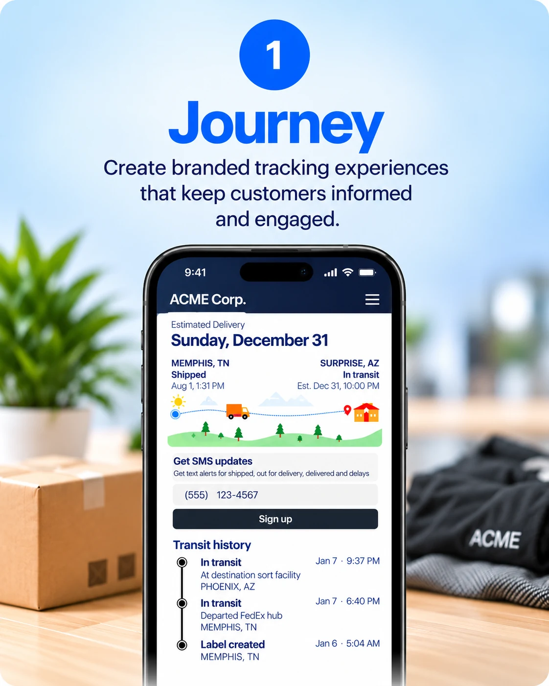 Journey: branded tracking page on a phone