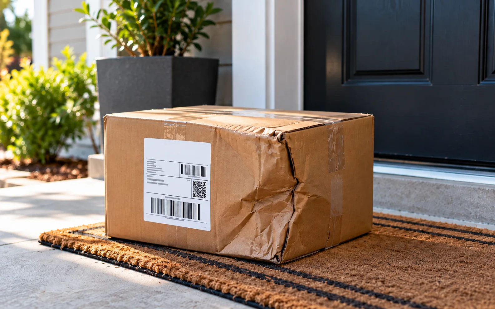 A delivered cardboard box with a crushed corner sitting on a porch