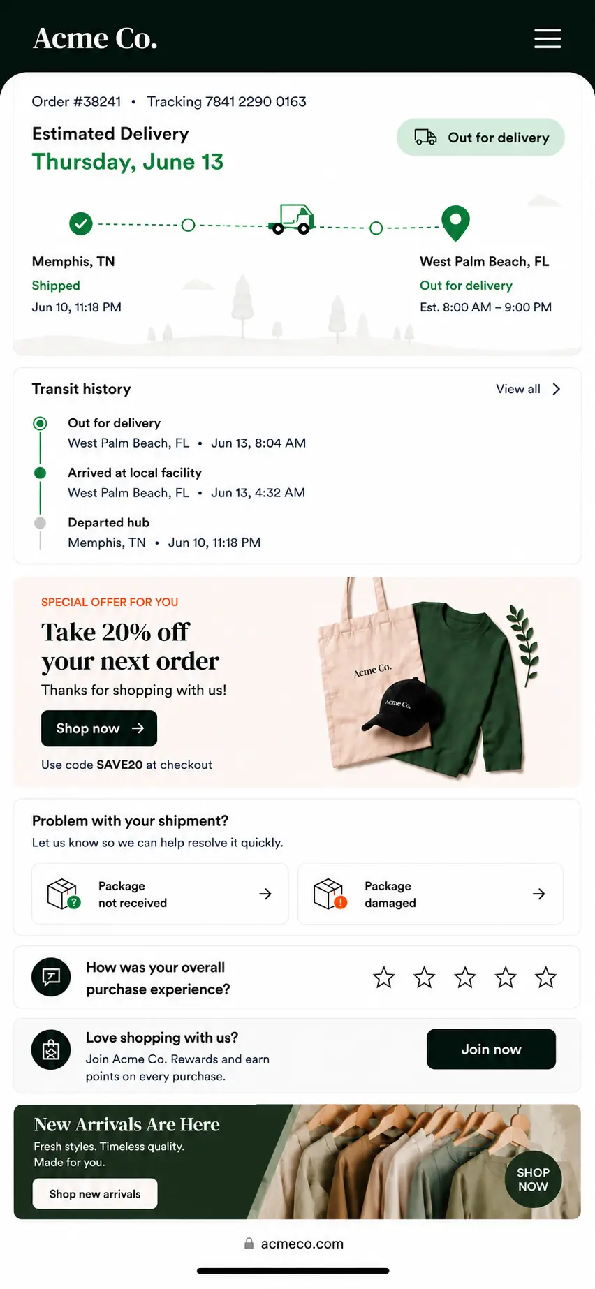 Journey mobile experience: smartphone view showing branded tracking page with order details, route map, transit history, promotional offer and loyalty sections